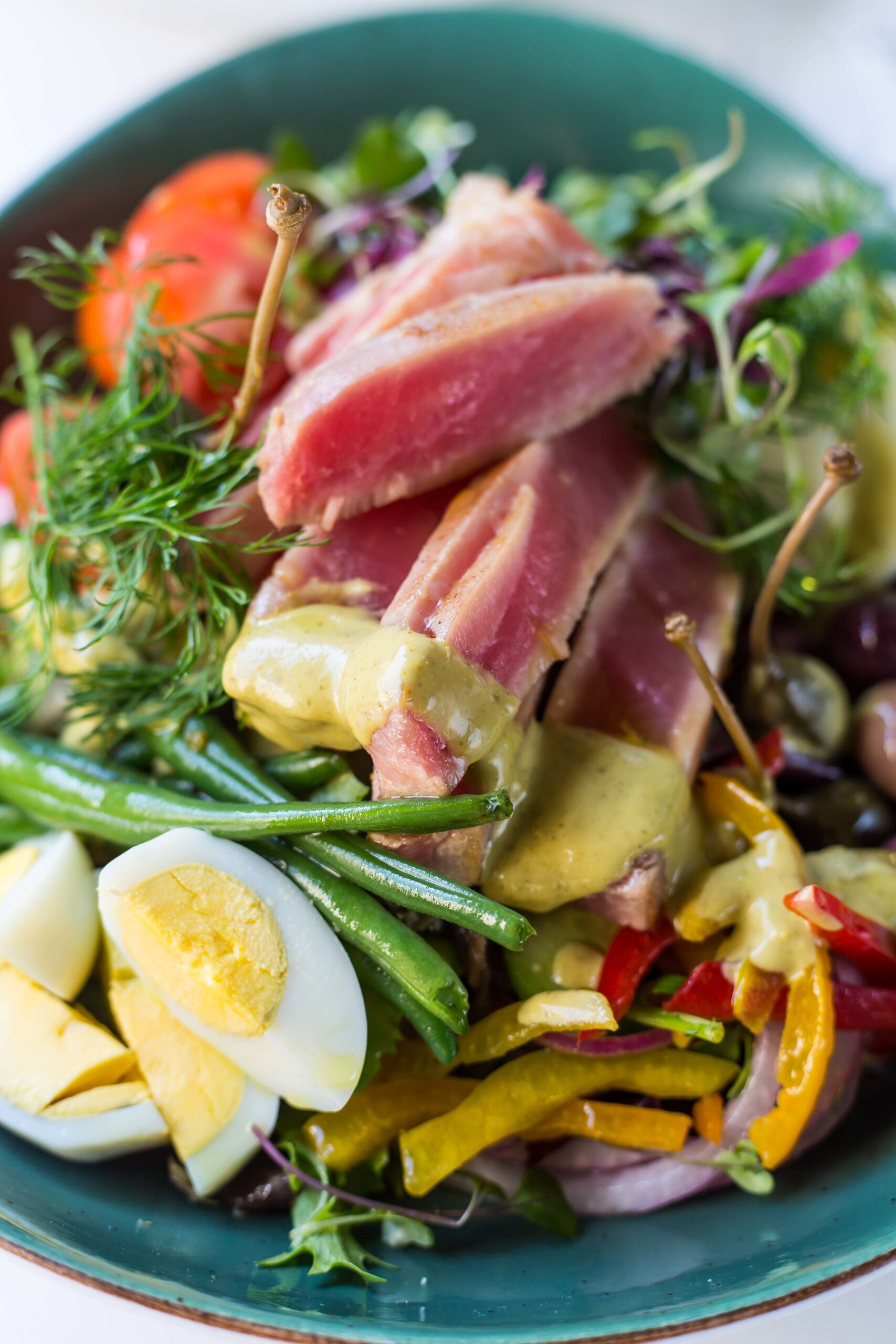Seared tuna salad with green beans, boiled egg, olives, mustard dressing