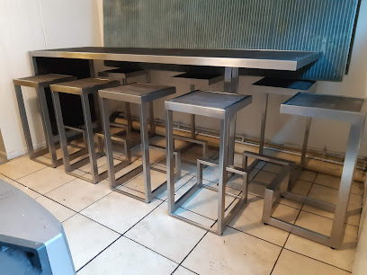 Roman's Pizza Bellville stainless-steel high table with metal bar stools
