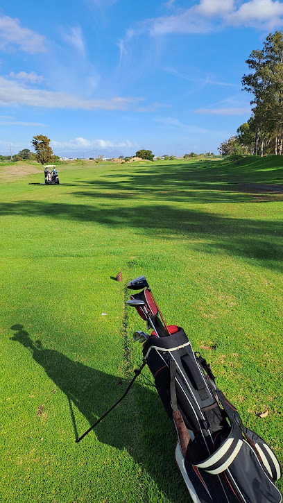 Golf bag on fairway at Somerset West Golf Club with distant cart