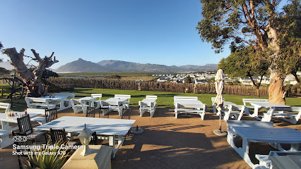 Imhoff Farm outdoor dining area with white tables and mountain view