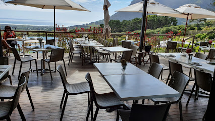 Outdoor Cape Point Vineyards terrace with set dining tables, umbrellas and ocean view