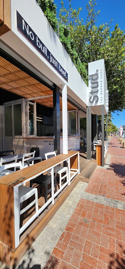 Stud The Burger Shop Sea Point exterior with 'No bull. Just beef.' sign