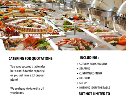 Herenity Eatery catering buffet spread with seafood platters, salads and chafing dishes