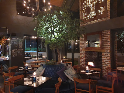 Jakes NOORDHOEK dining room with central indoor tree and brick fireplace