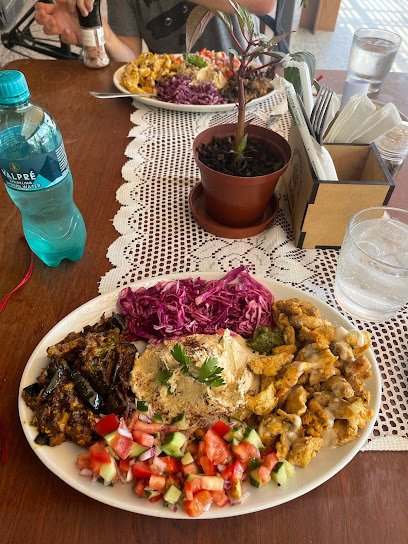 Achla platter with hummus, sliced shawarma, grilled eggplant and salads